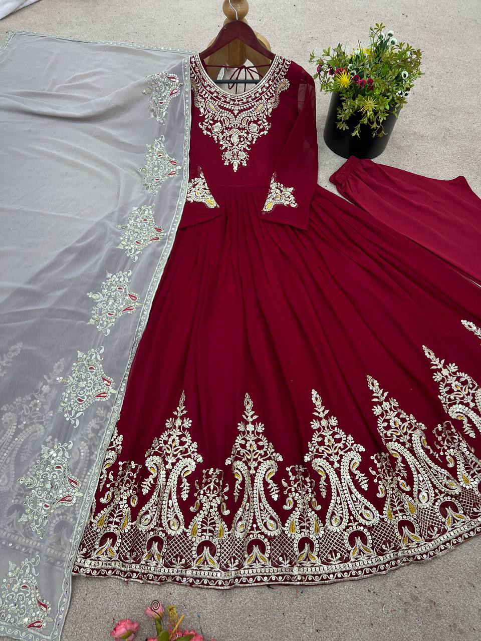 Heavy Georgette Multy Thread Embroidery Sequence Work Top Pent