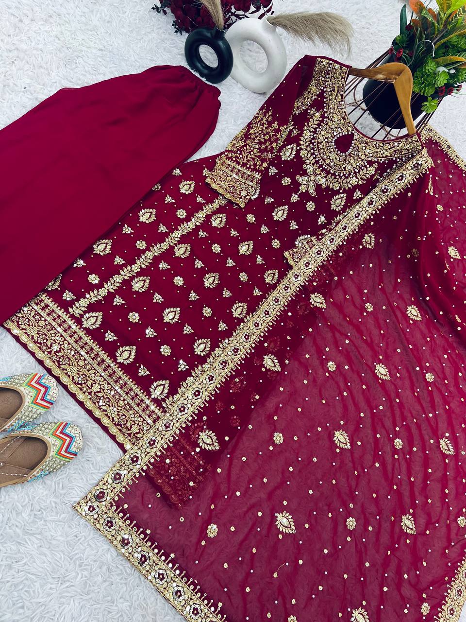 Embroidery Sequence Work With Full Sleeve Heavy Micro Cotton Top Plazzo