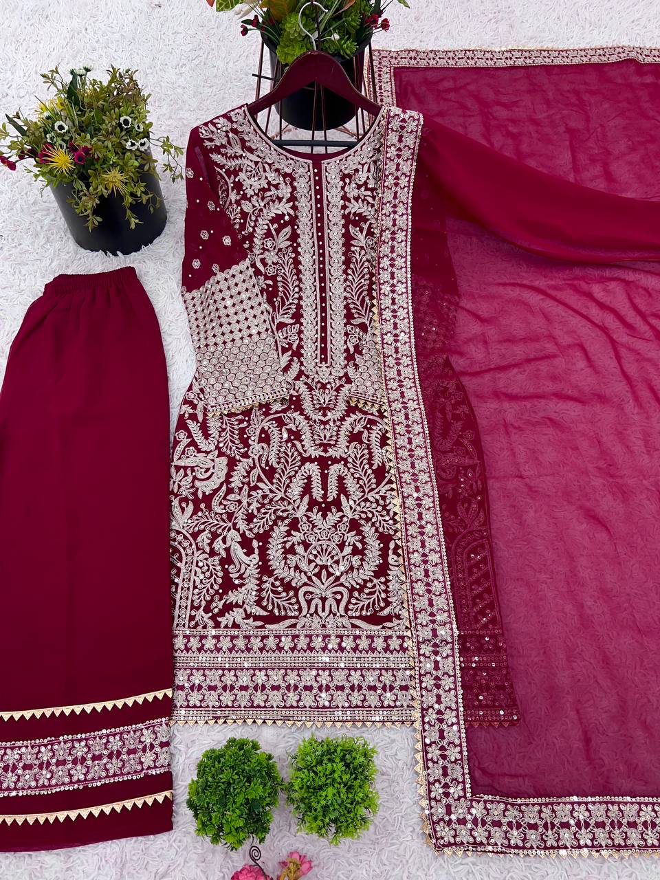 Heavy Faux Georgette Chinon Embroidery Work Top PLazzo