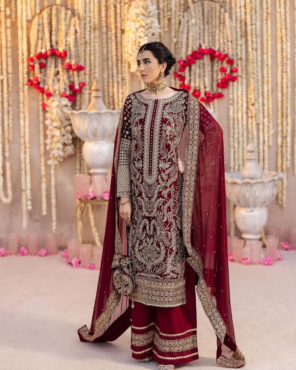 Heavy Faux Georgette Chinon Embroidery Work Top PLazzo