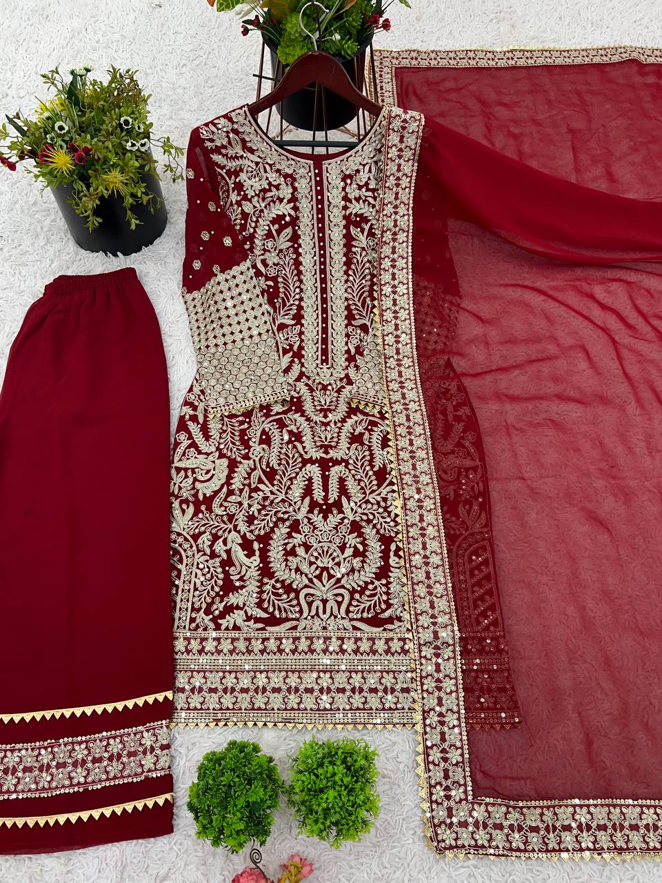 Heavy Faux Georgette Chinon Embroidery Work Top PLazzo