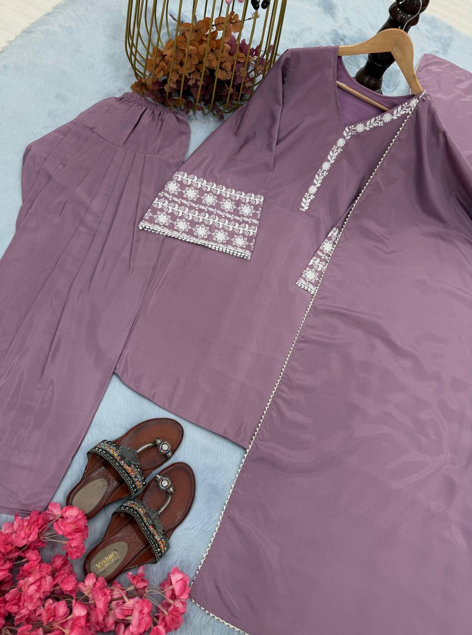 Natural Satin Embroidery WOrk Top Plazzo