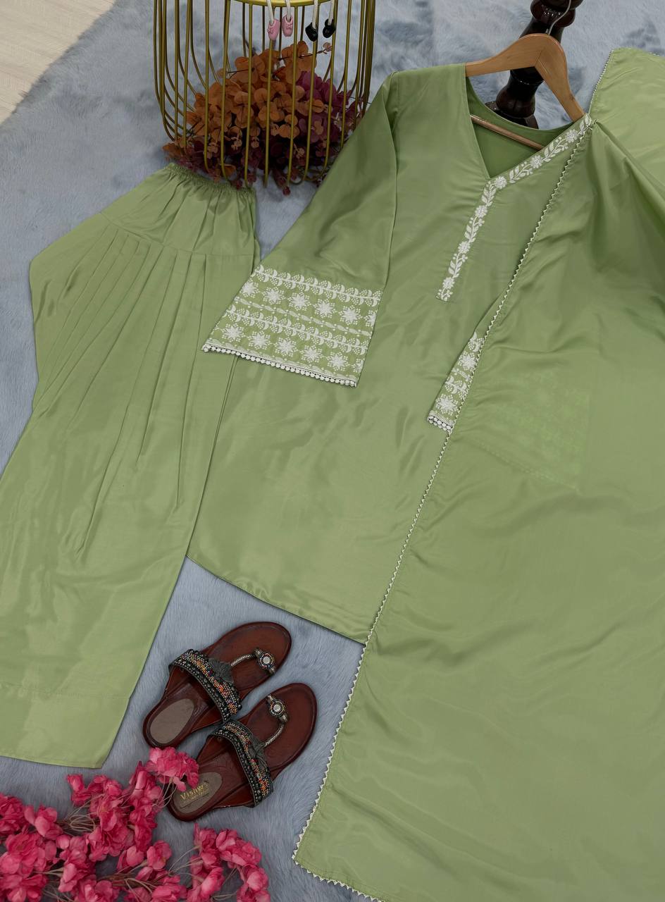 Natural Satin Embroidery WOrk Top Plazzo