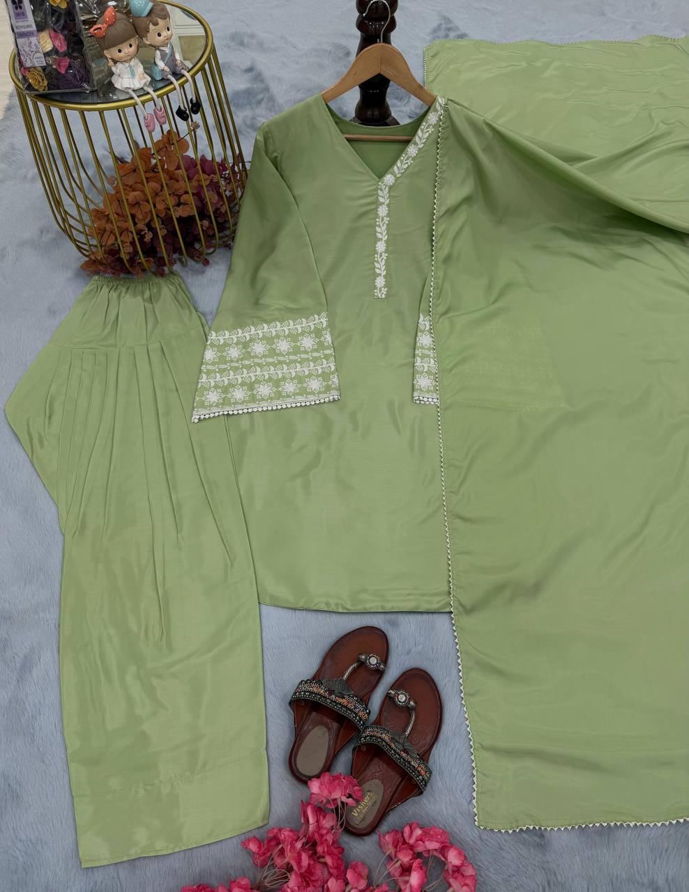 Natural Satin Embroidery WOrk Top Plazzo