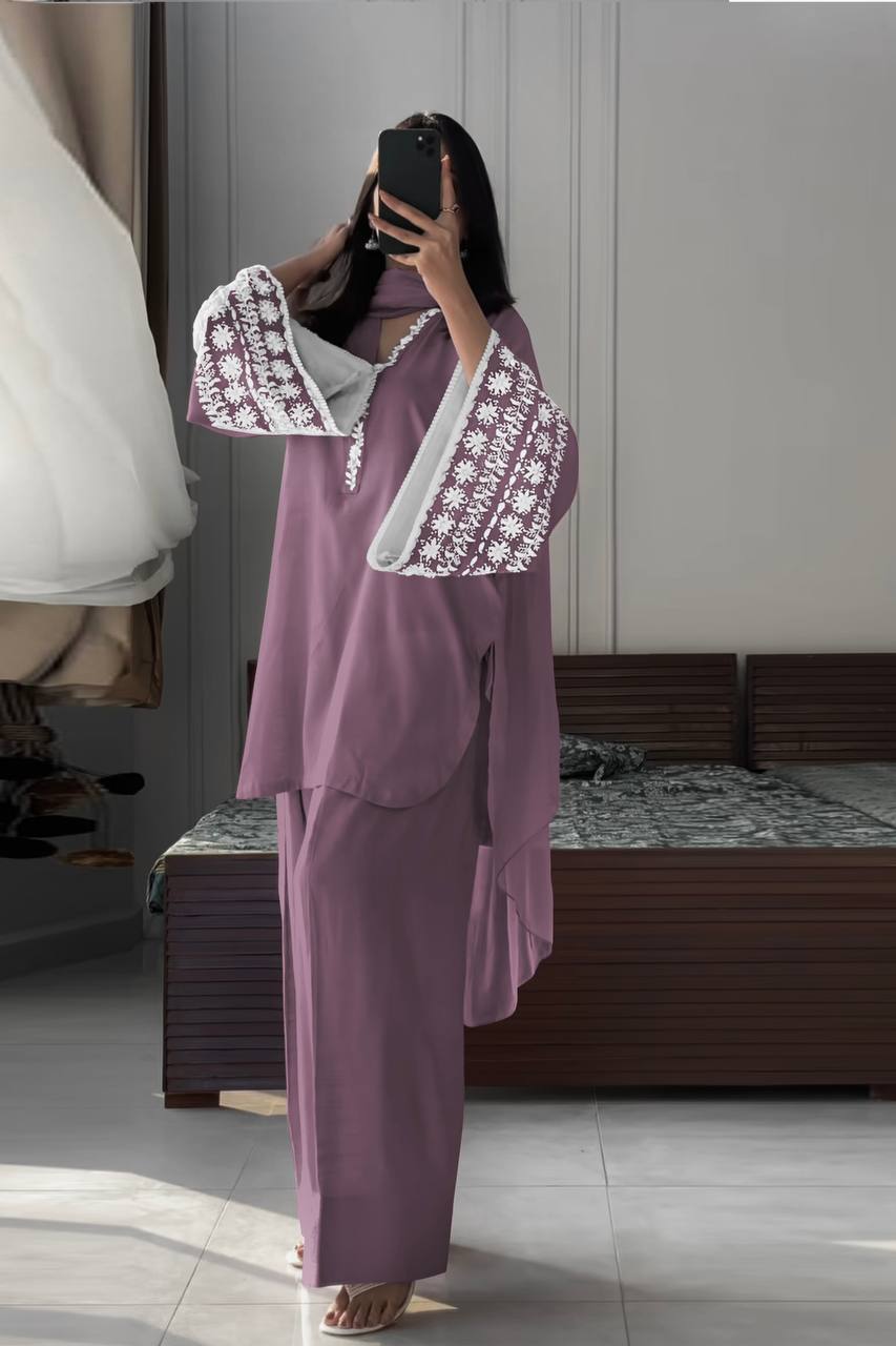 Natural Satin Embroidery WOrk Top Plazzo