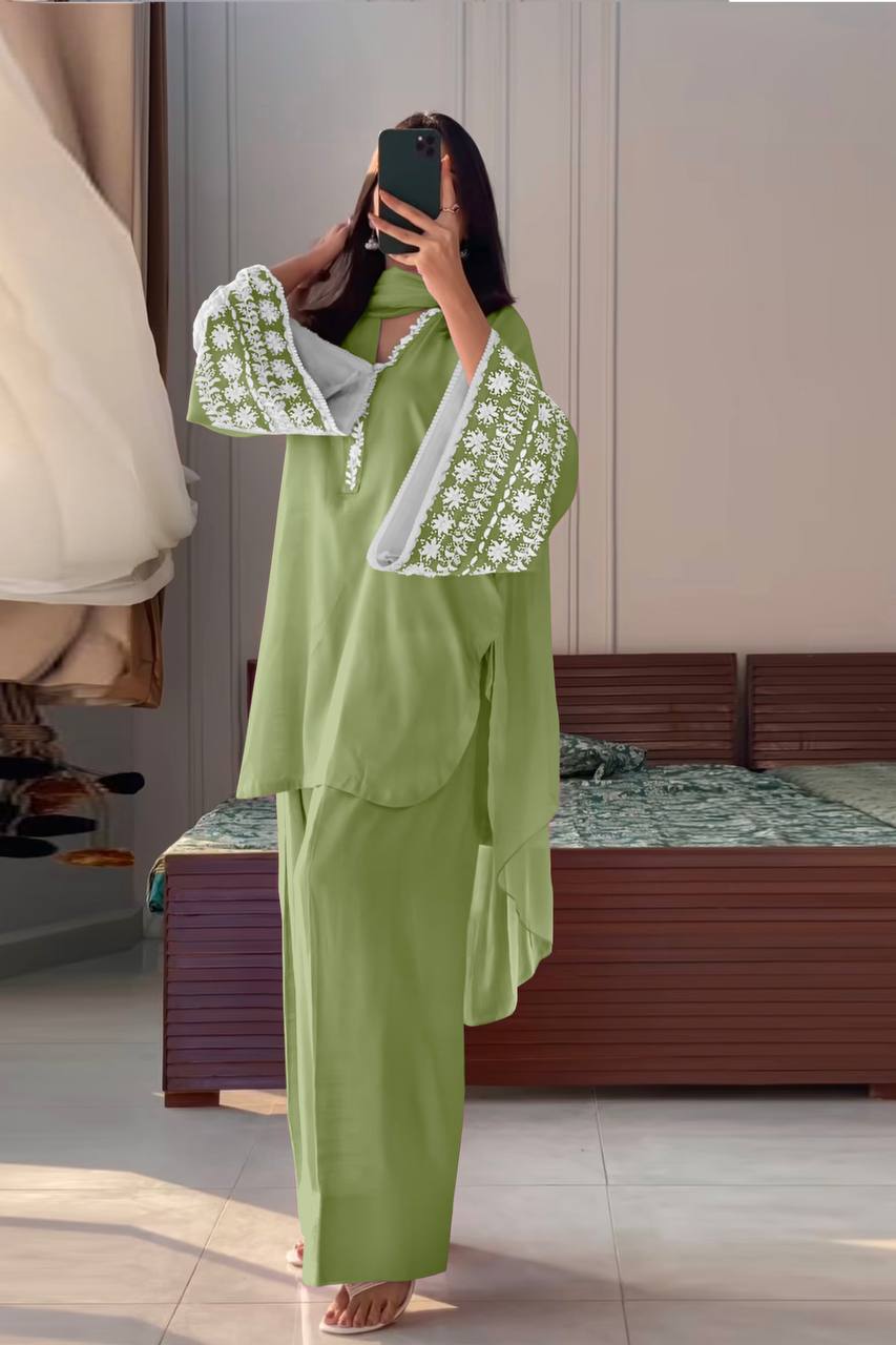 Natural Satin Embroidery WOrk Top Plazzo
