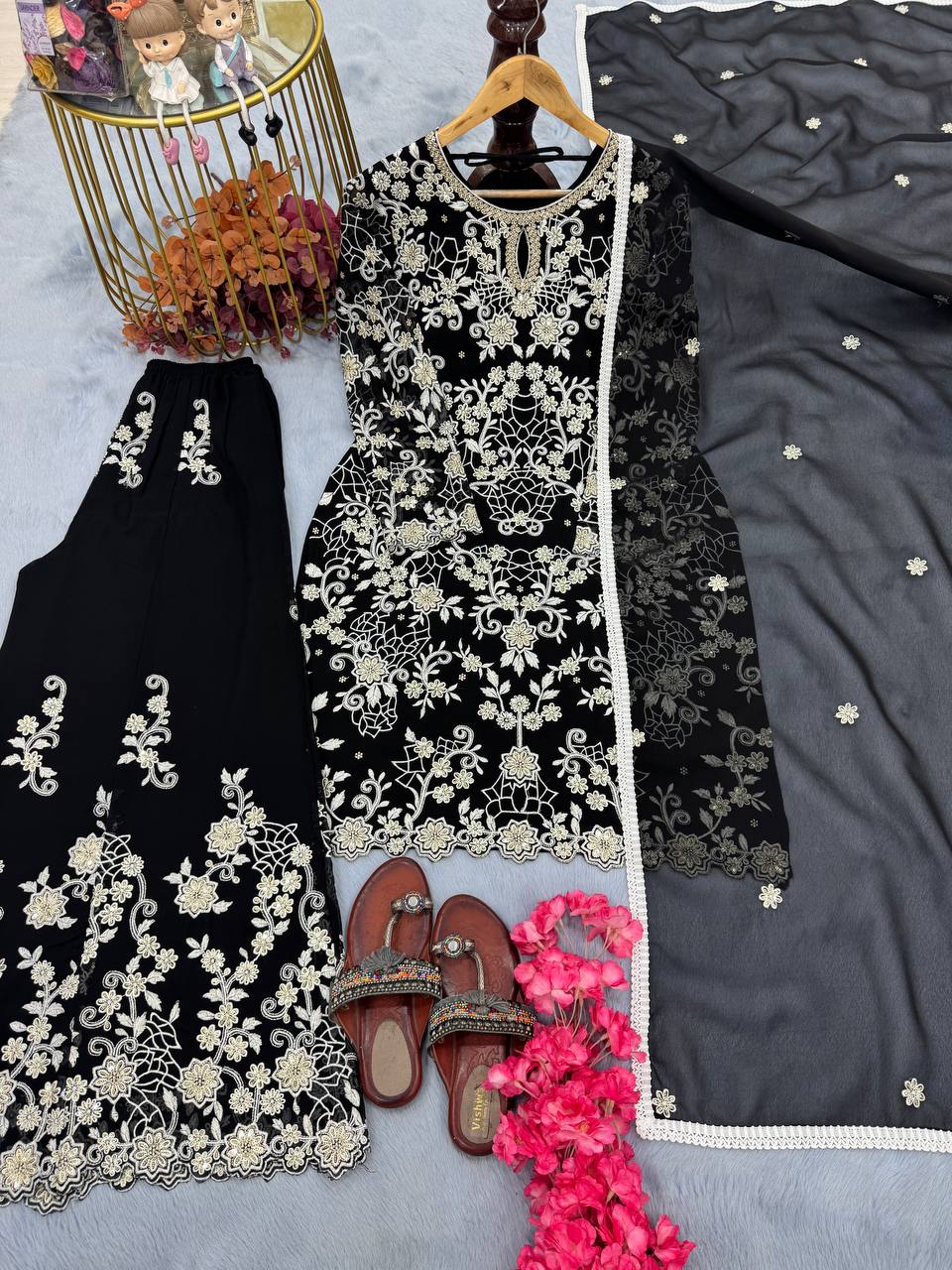 Heavy Faux Georgette Embroidery Work Top Sharara