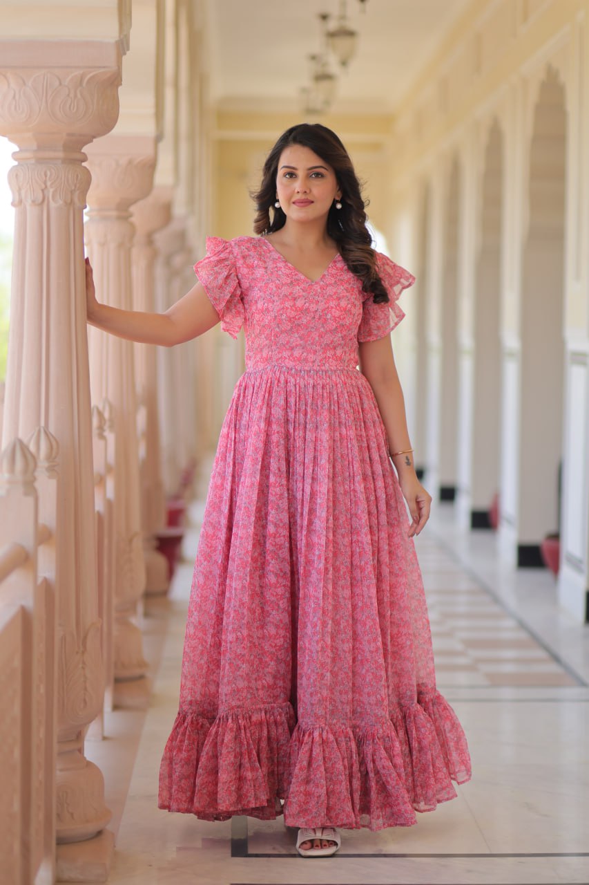 faux Georgette Print Work With Fancy V Neck Gown