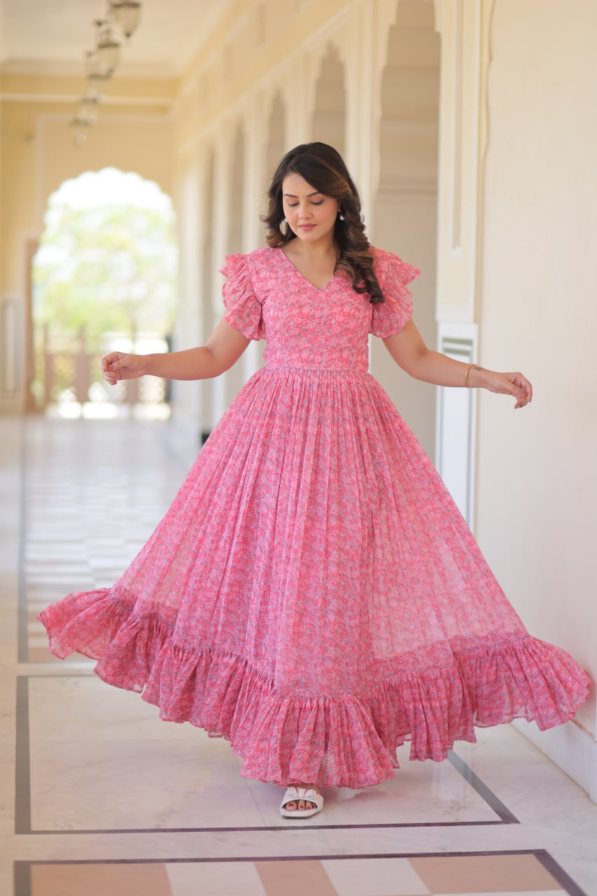 faux Georgette Print Work With Fancy V Neck Gown