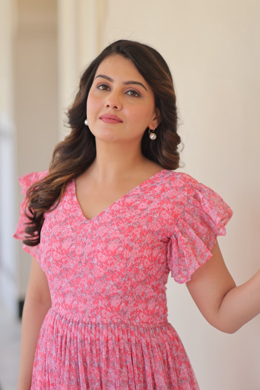 faux Georgette Print Work With Fancy V Neck Gown