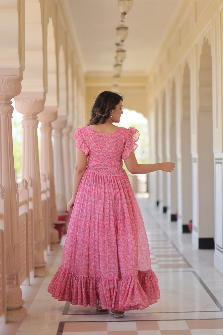 faux Georgette Print Work With Fancy V Neck Gown