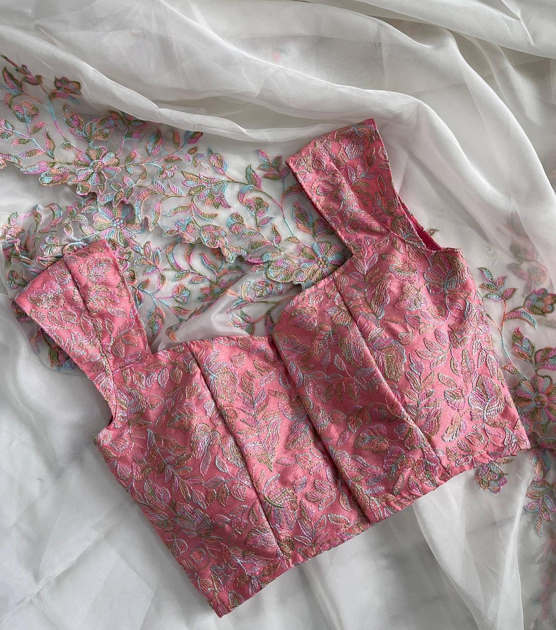 Pink & White Color Full Embroidery Work Saree