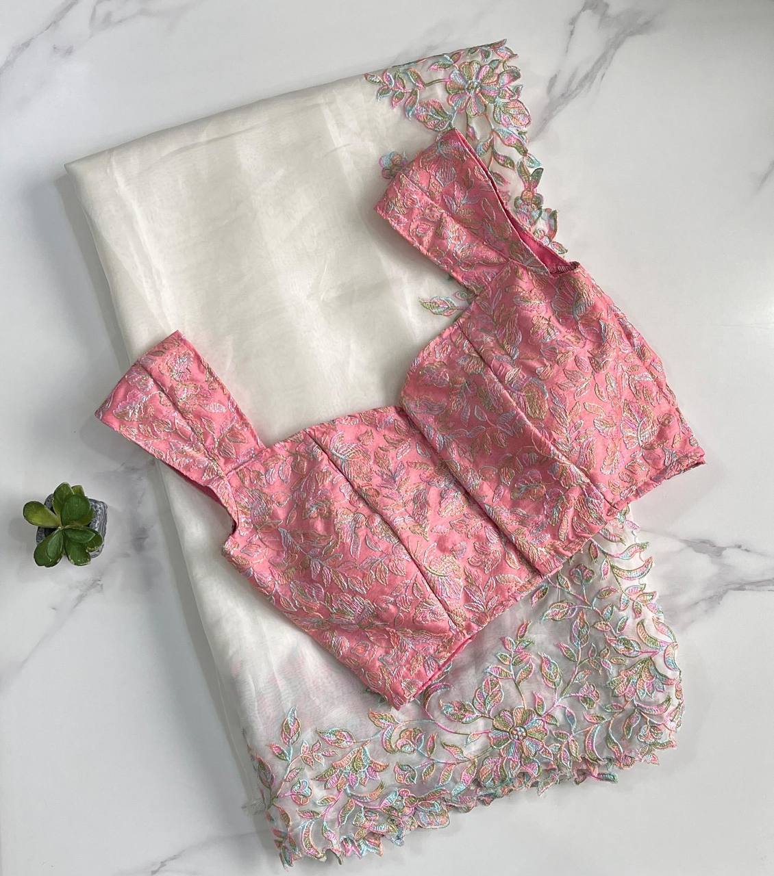 Pink & White Color Full Embroidery Work Saree