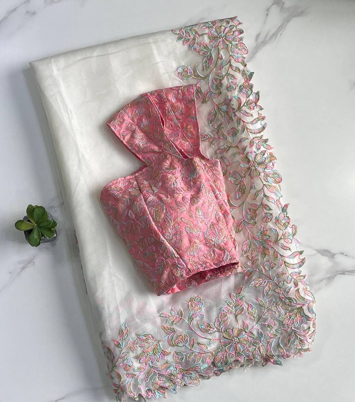 Pink & White Color Full Embroidery Work Saree