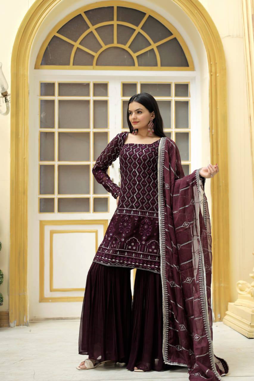 Faux Georgette With Zigzag Line Sequins & thread Embroidered work Top Sarara