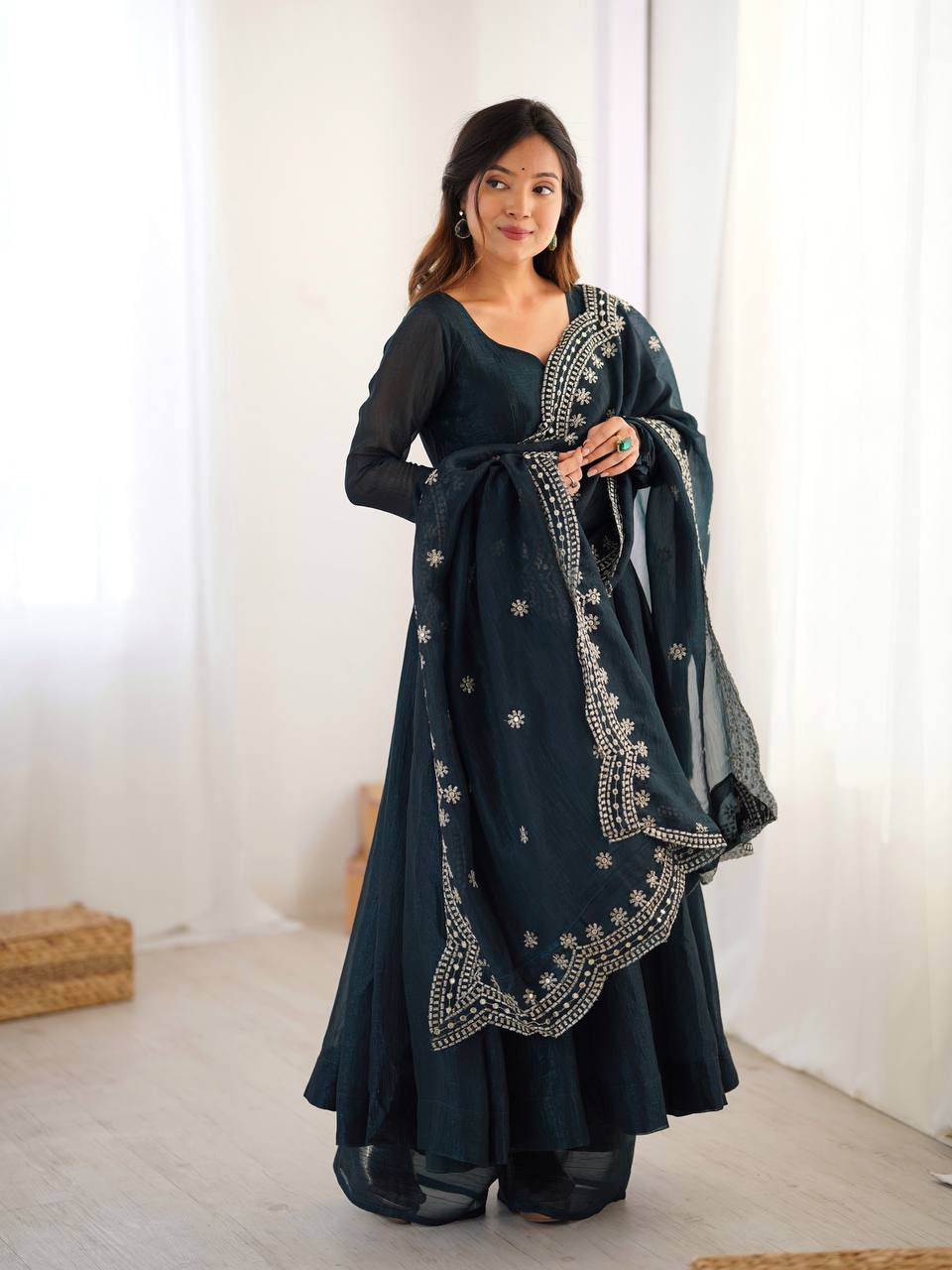 Elegant Heavy Fandy Silk Gown Set with Embroidered Dupatta