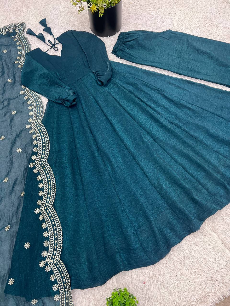 Elegant Heavy Fandy Silk Gown Set with Embroidered Dupatta