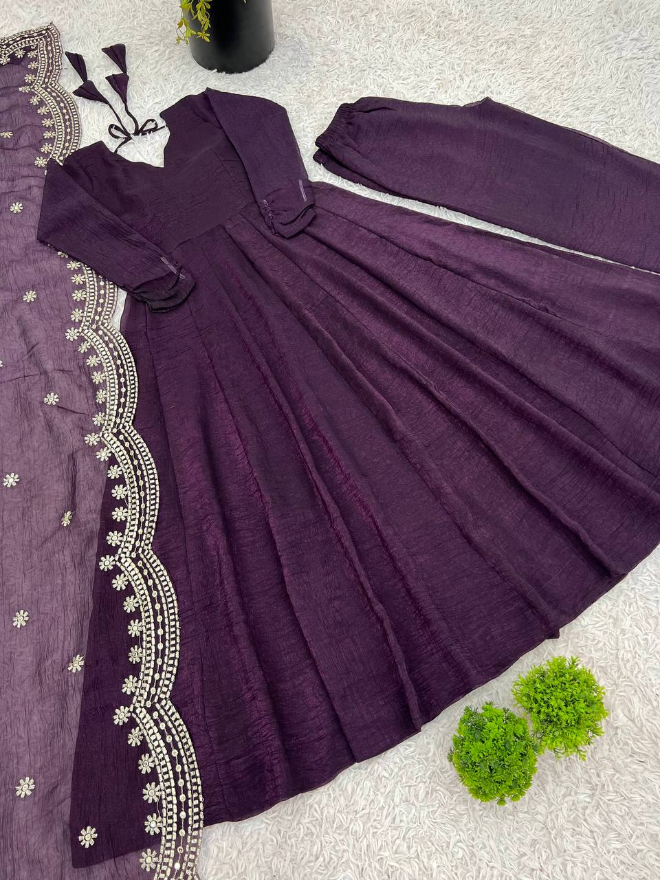 Elegant Heavy Fandy Silk Gown Set with Embroidered Dupatta