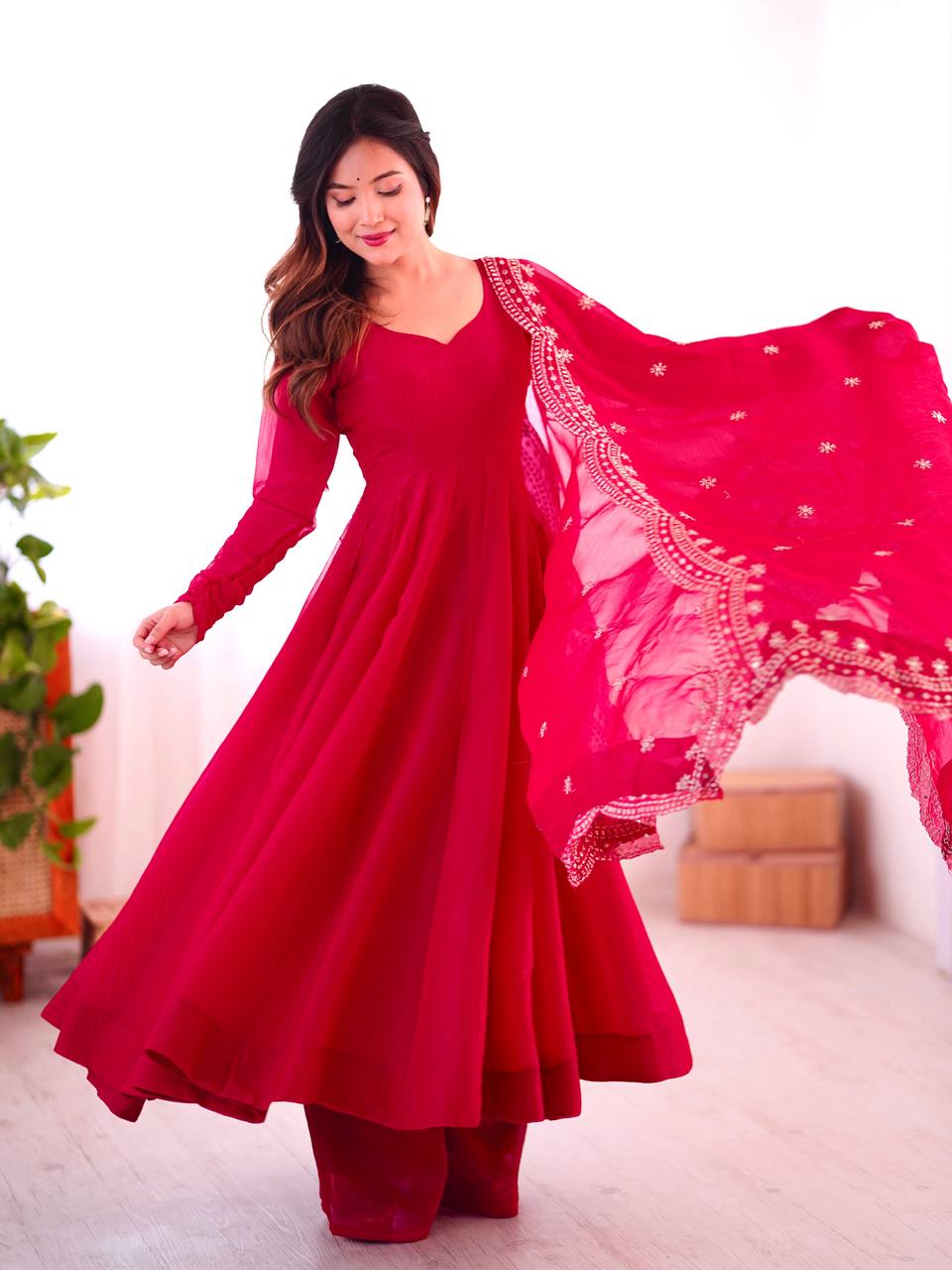Elegant Heavy Fandy Silk Gown Set with Embroidered Dupatta