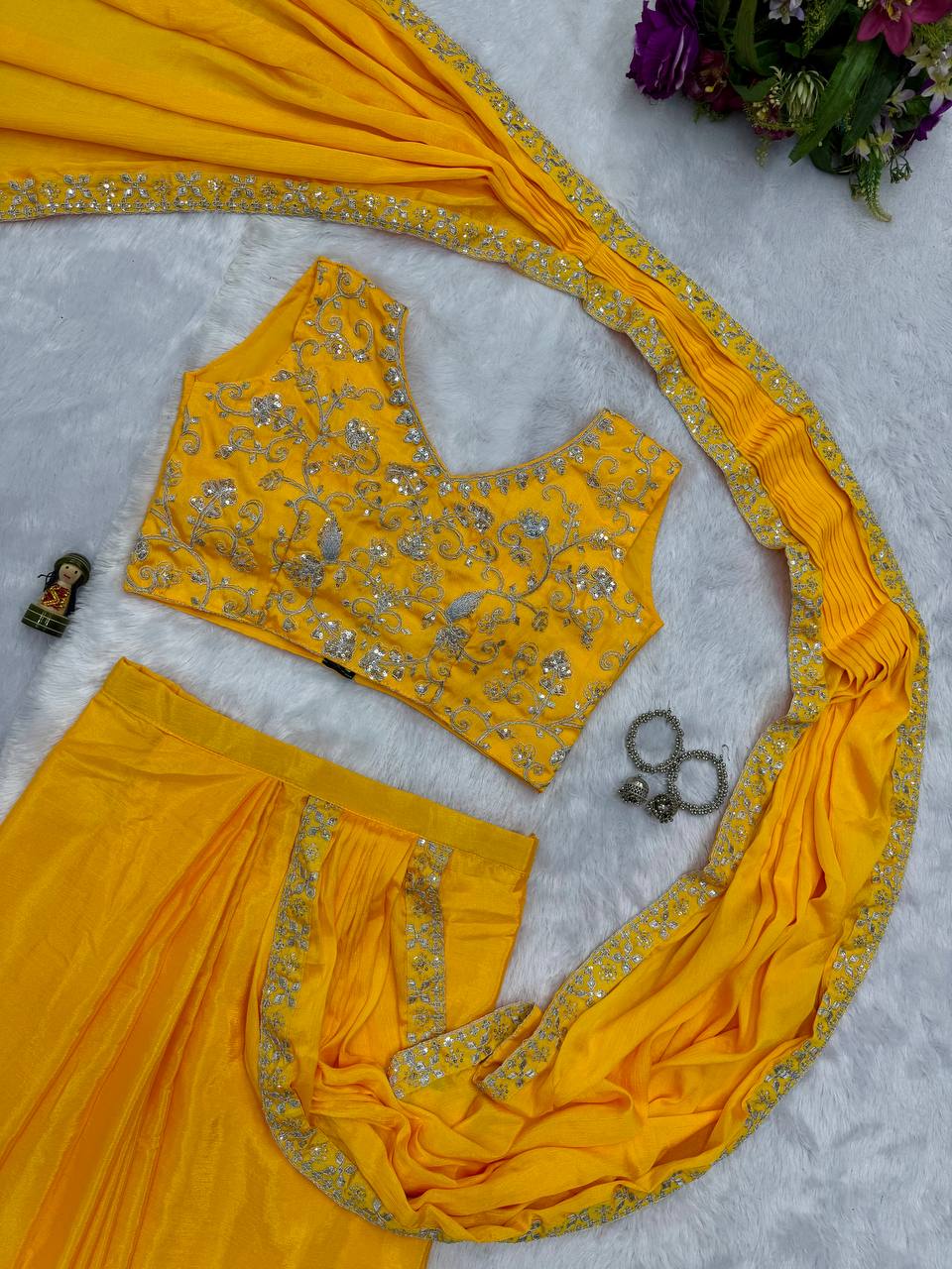 Soft Chinon Silk Embroidery Saree With Heavy Work Full Stitch Blouse