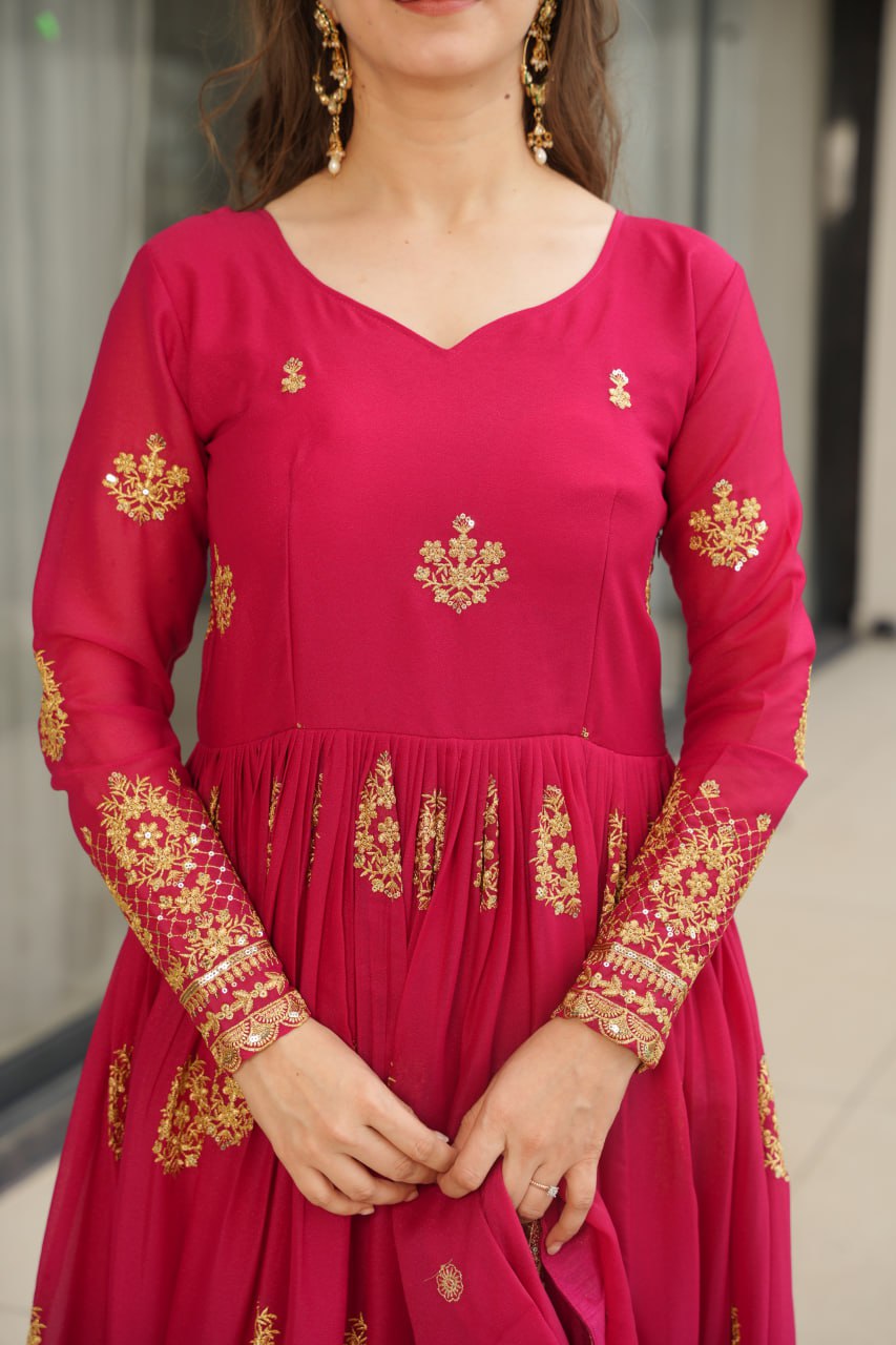 Star Georgette Embroidery Zari Sequence Work Gown