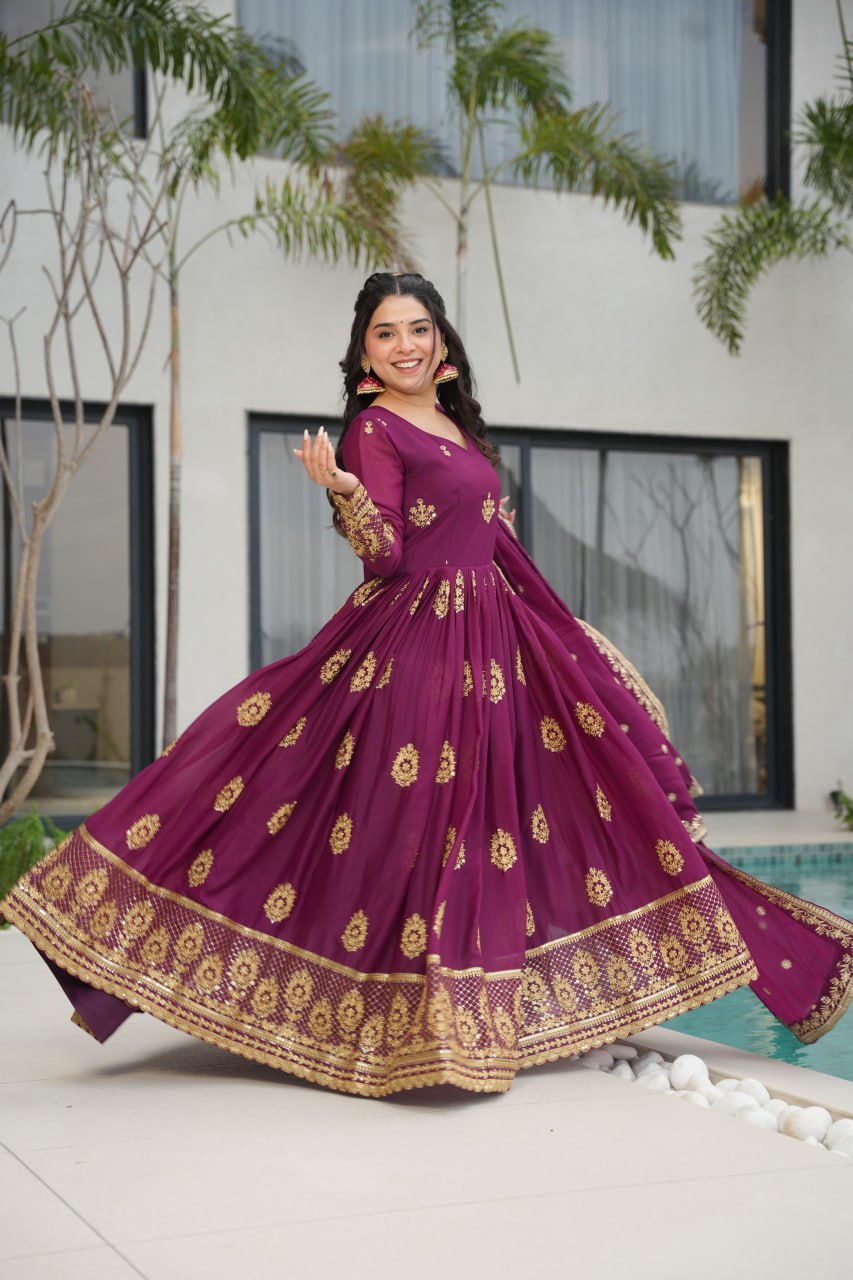 Star Georgette Embroidery Zari Sequence Work Gown