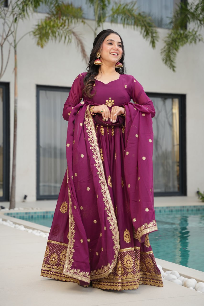 Star Georgette Embroidery Zari Sequence Work Gown