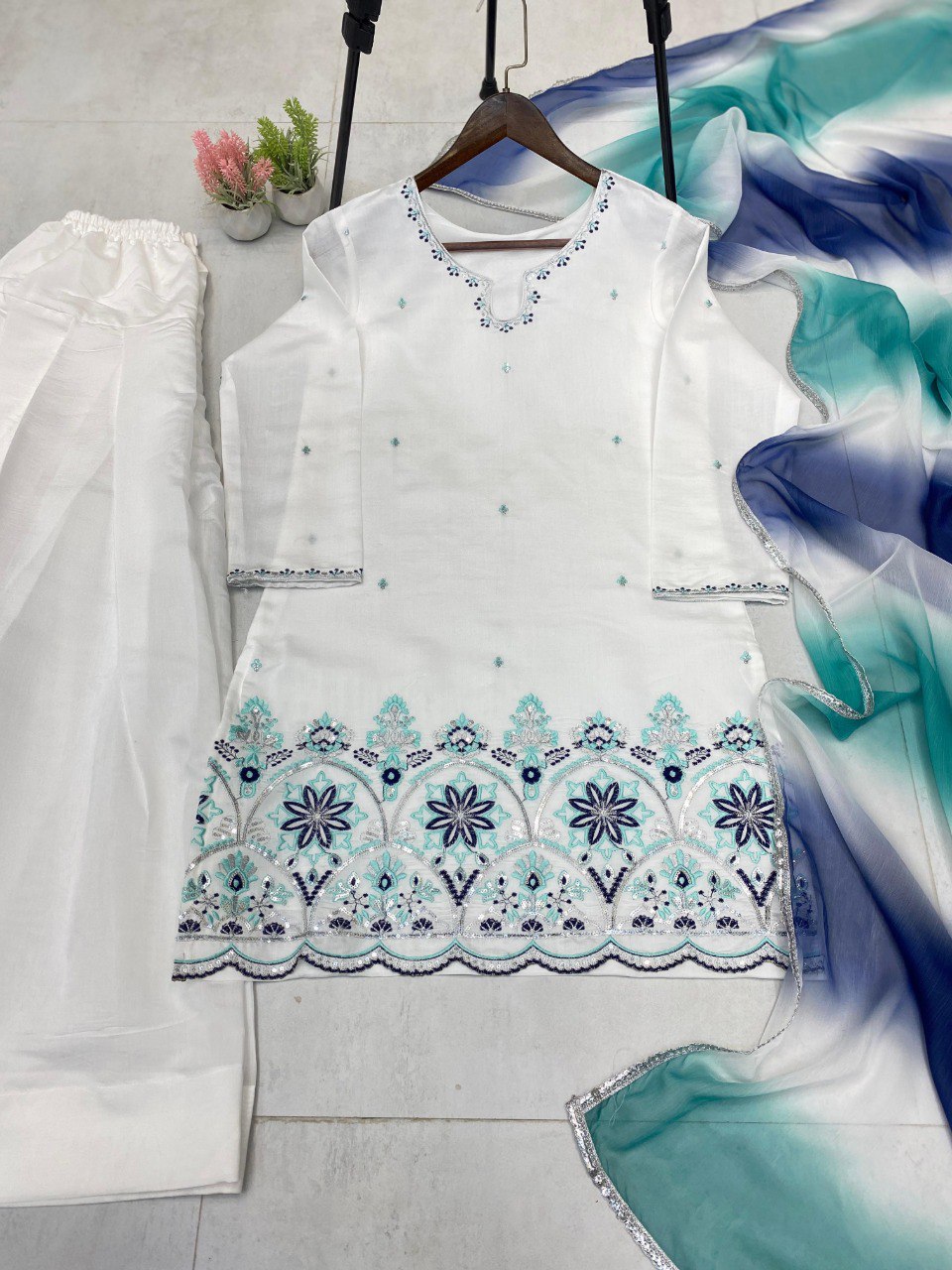 Roman Silk SequenceEmbroidery Work Top Salwaar