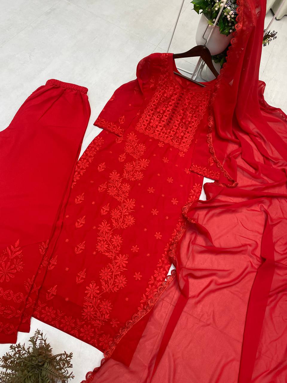 Georgette Embroidery Work With Pum Pum Work Top PEnt