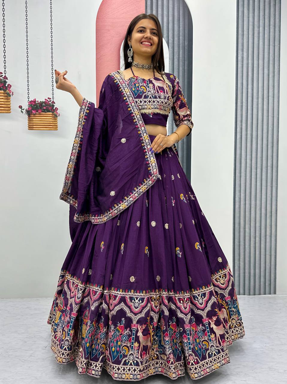 Purple Color Garba Special Thread Work Lehenga Choli