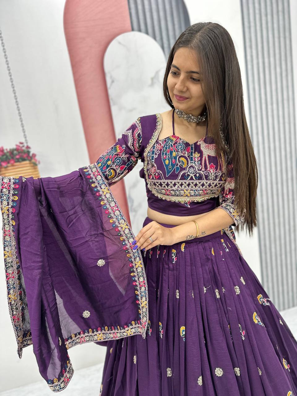 Purple Color Garba Special Thread Work Lehenga Choli