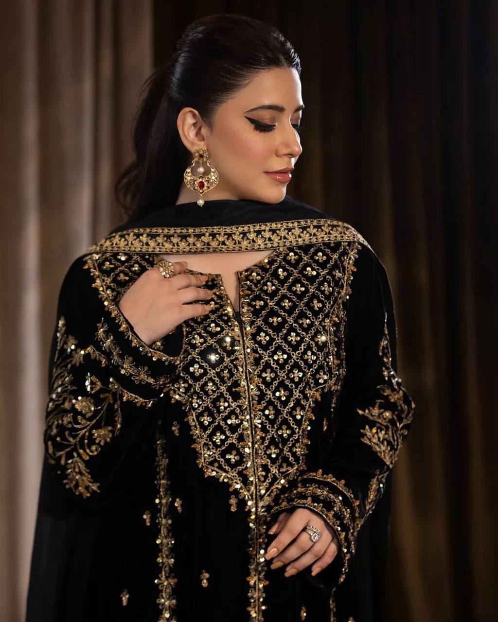 Heavy Viscose Velvet Embroidery Sequence Work With Full Sleeves Suit