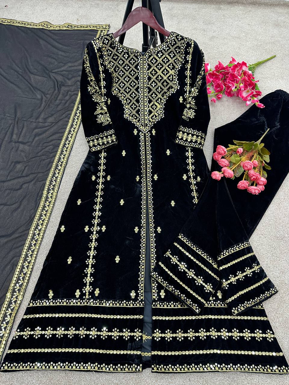 Heavy Viscose Velvet Embroidery Sequence Work With Full Sleeves Suit