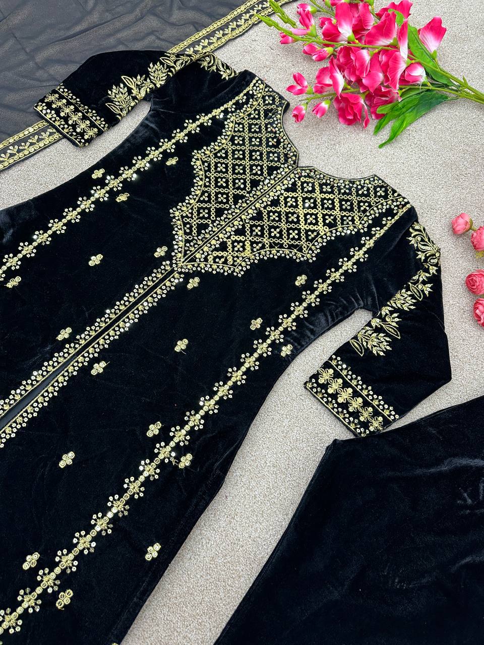 Heavy Viscose Velvet Embroidery Sequence Work With Full Sleeves Suit