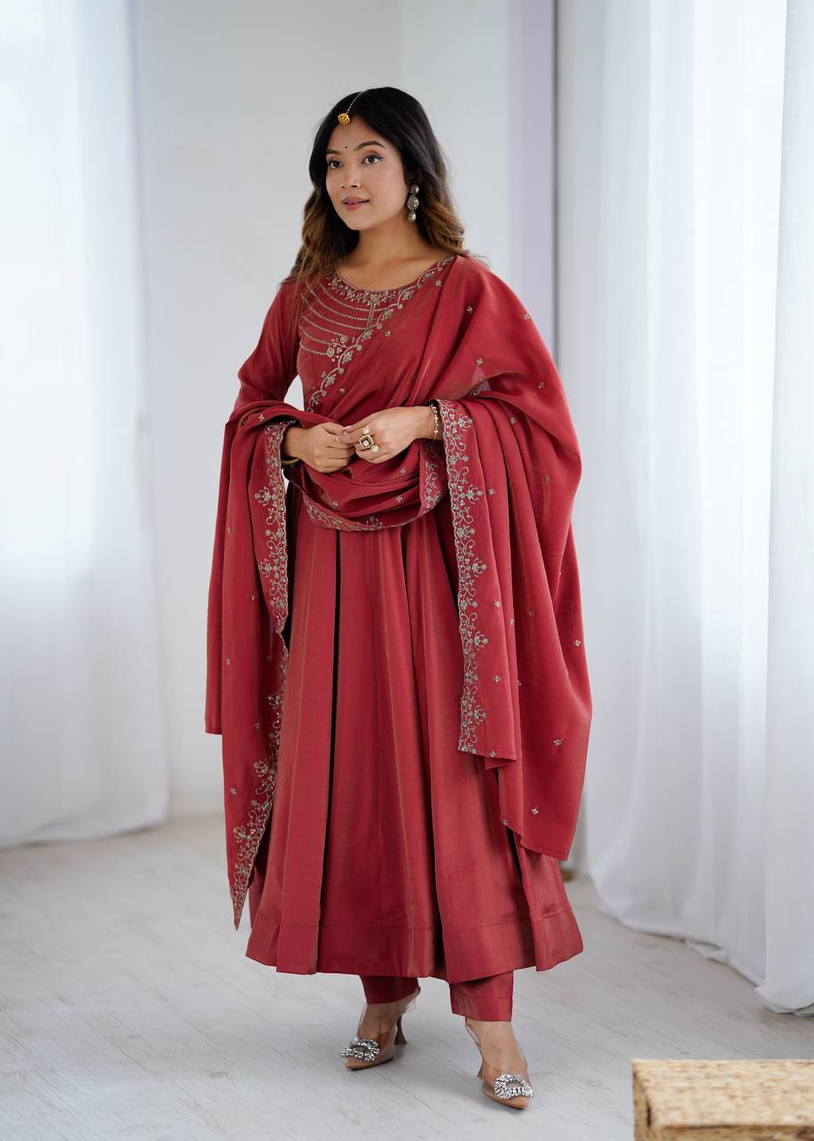 Maroon Color Roman Silk With Hand Work Anarkali