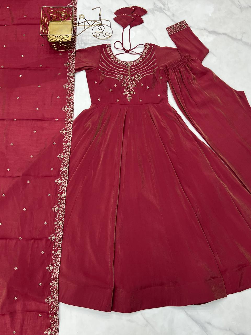 Maroon Color Roman Silk With Hand Work Anarkali