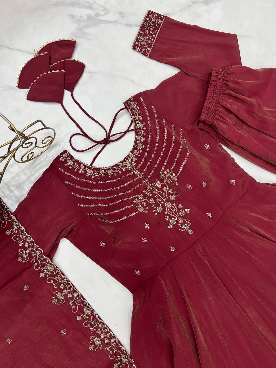 Maroon Color Roman Silk With Hand Work Anarkali