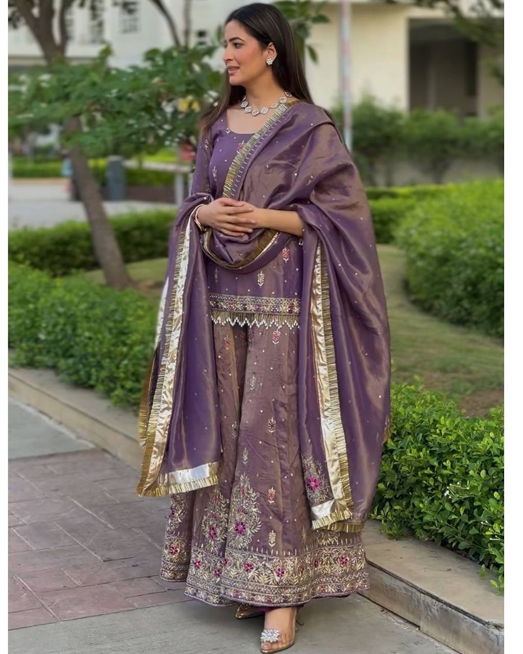 Shinie Look Pure Twill Gold Net Embroidery Work Top Plazzo