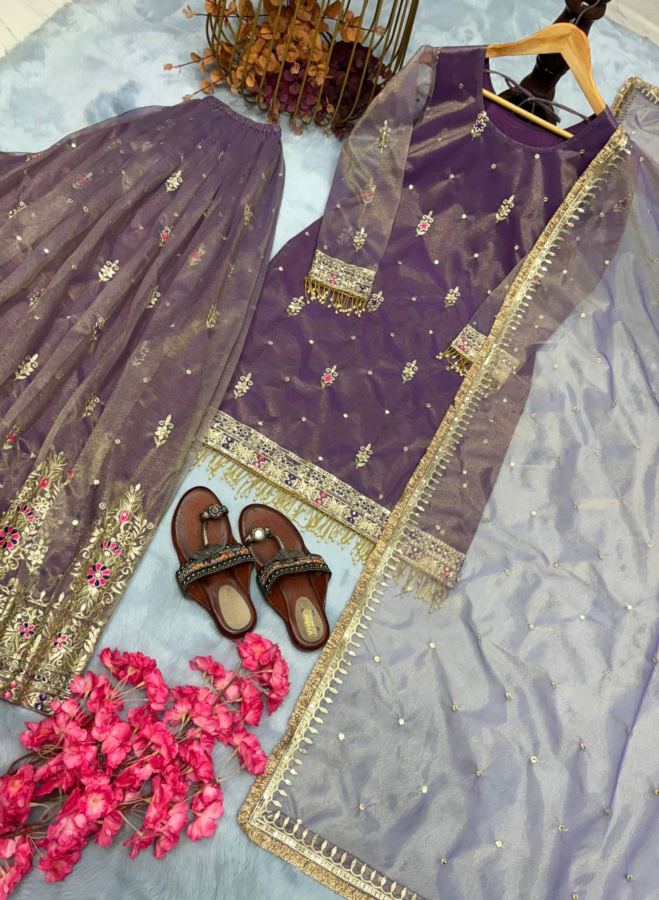 Shinie Look Pure Twill Gold Net Embroidery Work Top Plazzo