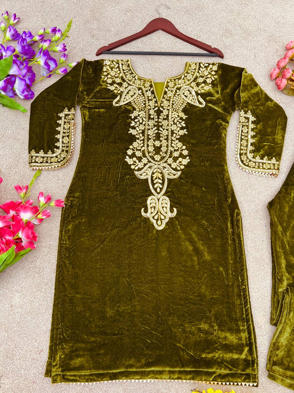 Heavy Viscose Velvet And Heavy Embroidery Work With Full Sleeves Kurti