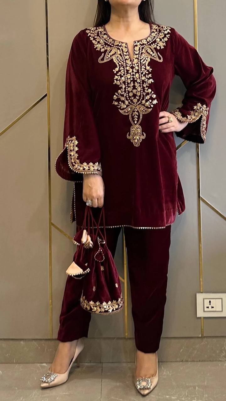 Heavy Viscose Velvet And Heavy Embroidery Work With Full Sleeves Kurti