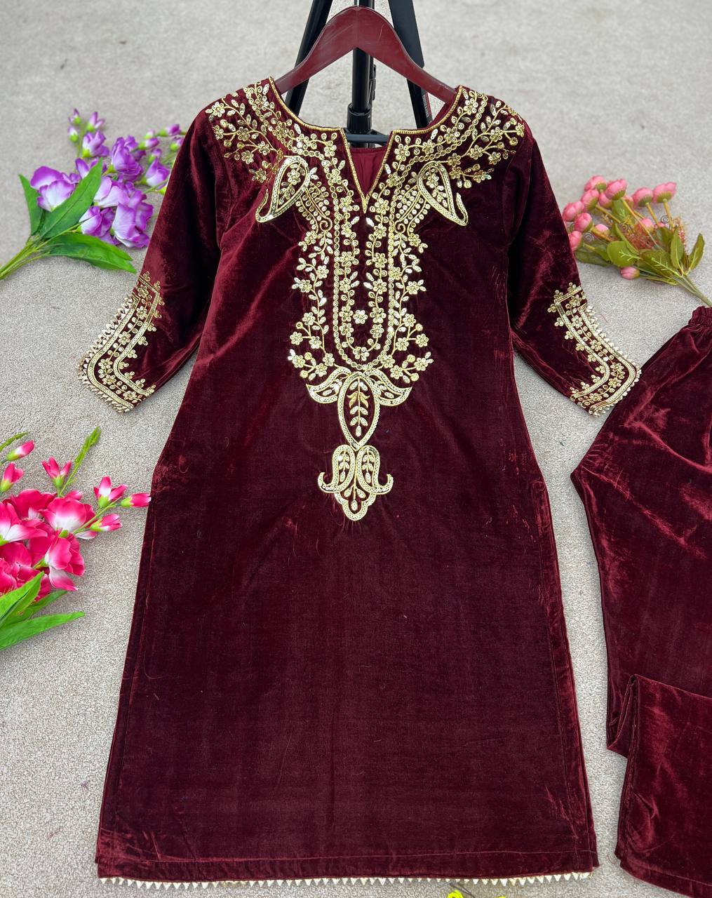 Heavy Viscose Velvet And Heavy Embroidery Work With Full Sleeves Kurti