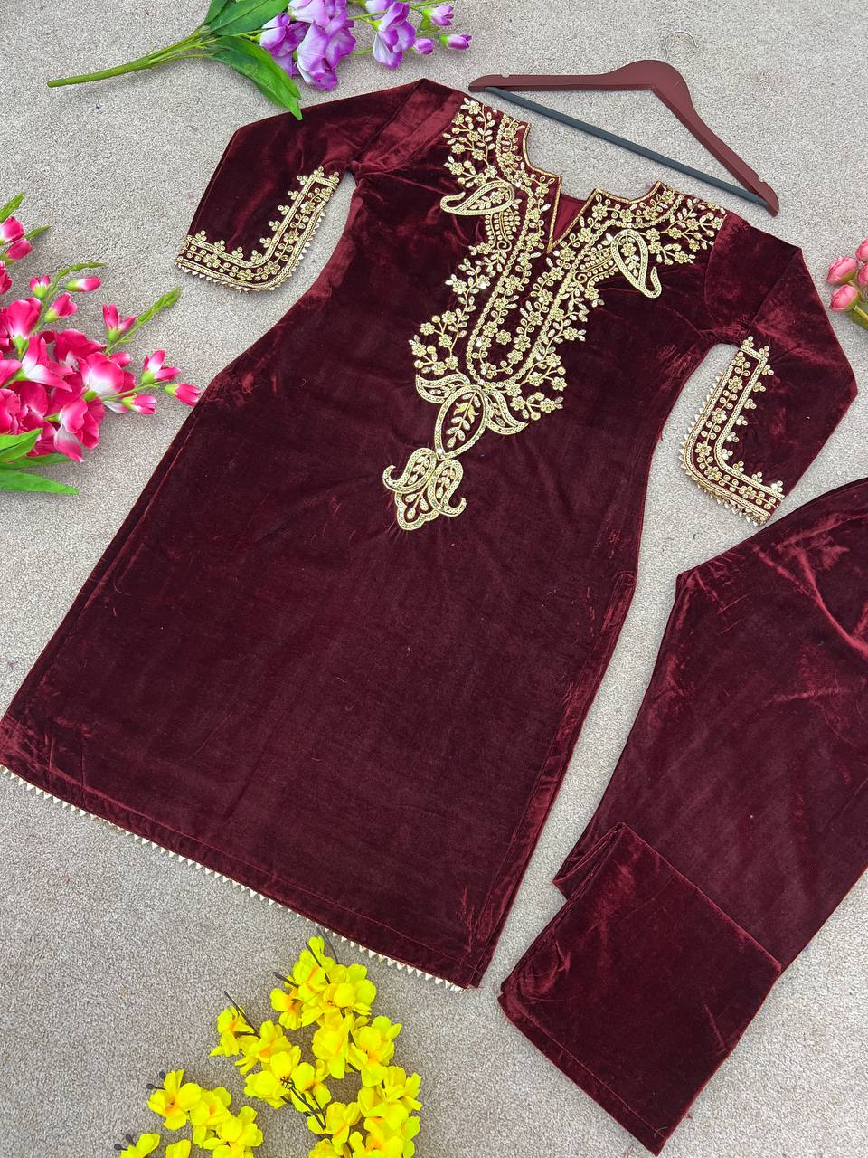 Heavy Viscose Velvet And Heavy Embroidery Work With Full Sleeves Kurti