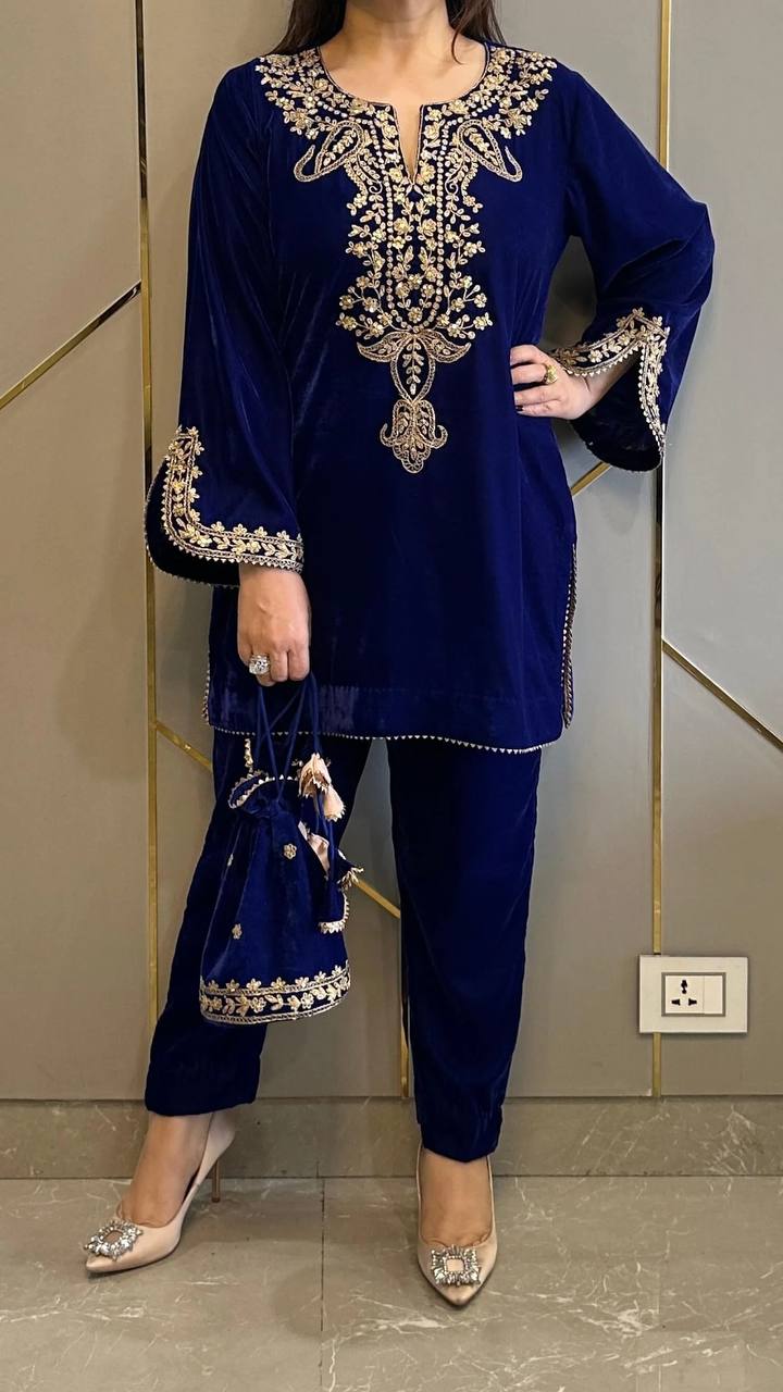 Heavy Viscose Velvet And Heavy Embroidery Work With Full Sleeves Kurti