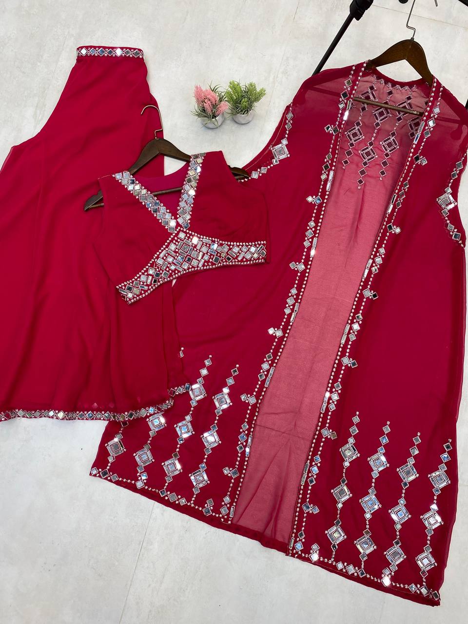 Georgette Embroidery And Original Mirror Work Full Stitch Free Size Blouse WIth CIrcular Shrug