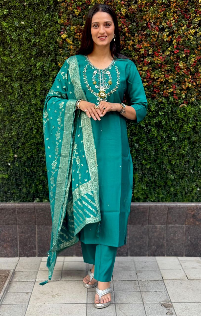 Rani Pink Color Premium Roman Silk Hand Work Kurti