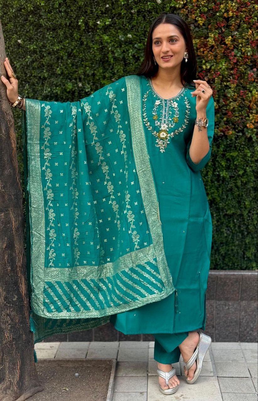 Rani Pink Color Premium Roman Silk Hand Work Kurti