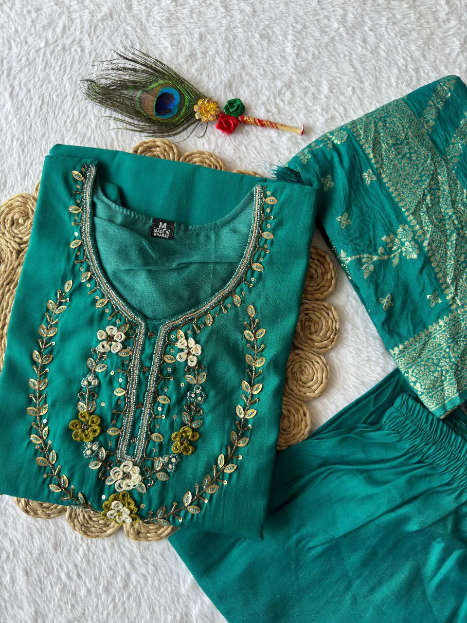 Rani Pink Color Premium Roman Silk Hand Work Kurti