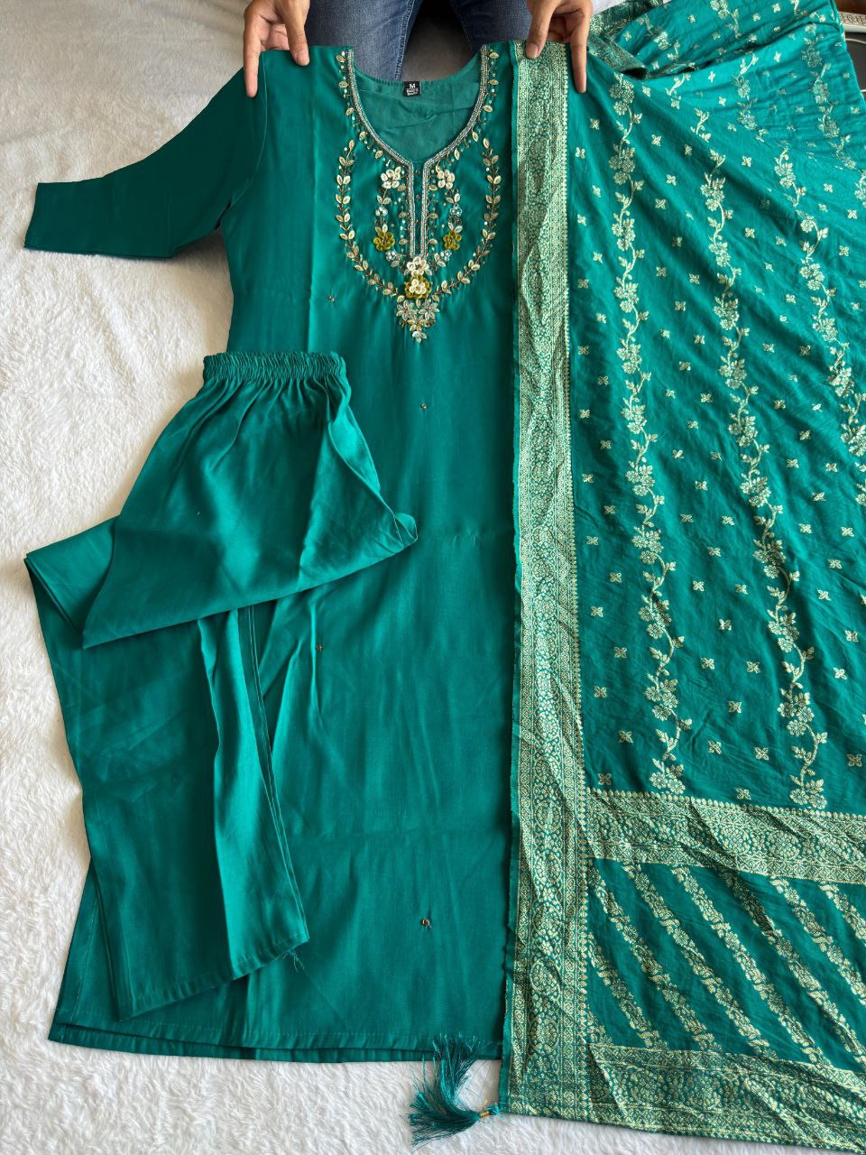 Rani Pink Color Premium Roman Silk Hand Work Kurti