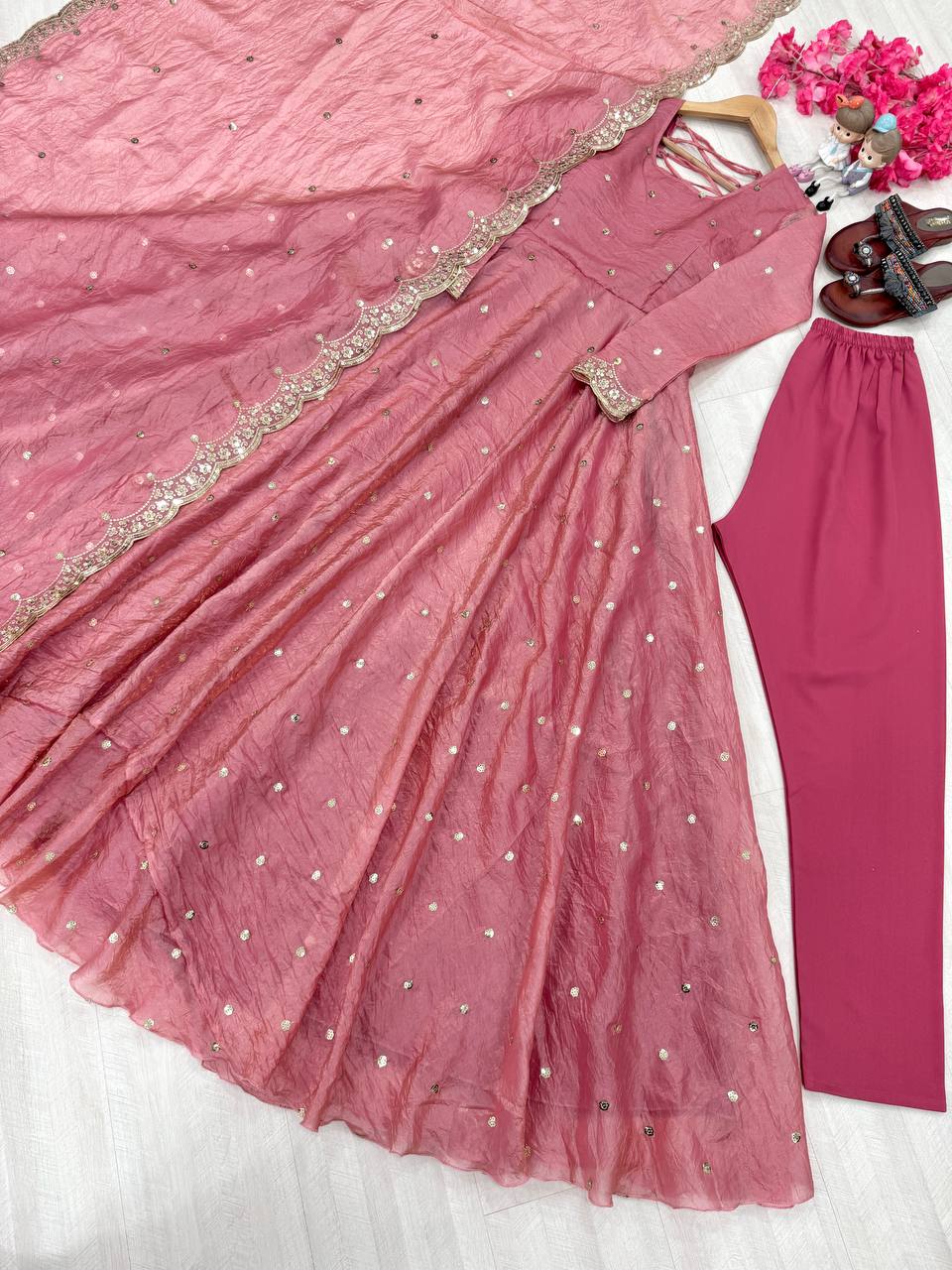 Pur Soft Gold Crush Silk With Embroidery With  Sequience Work And 4 Mtr Flair Gown